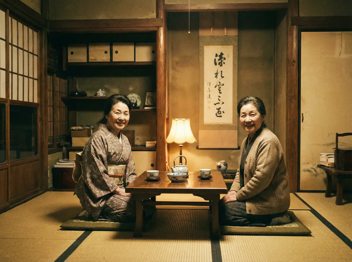 两位优雅的 四虎传媒 在日式茶室中品茶交谈